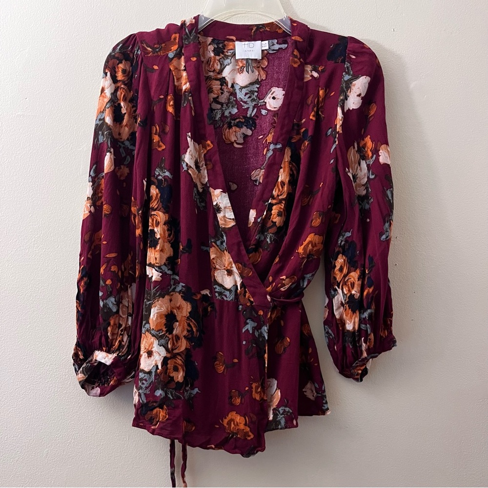 HD in Paris Floral Wrap Blouse - Burgundy and Orange